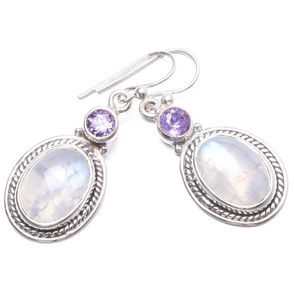 Серьги из натурального радужного лунного камня и аметиста ручной работы