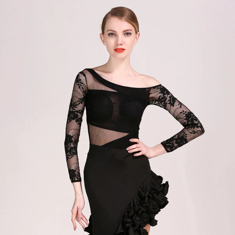 Женские топы для латиноамериканских танцев черное кружевное трико укороченный