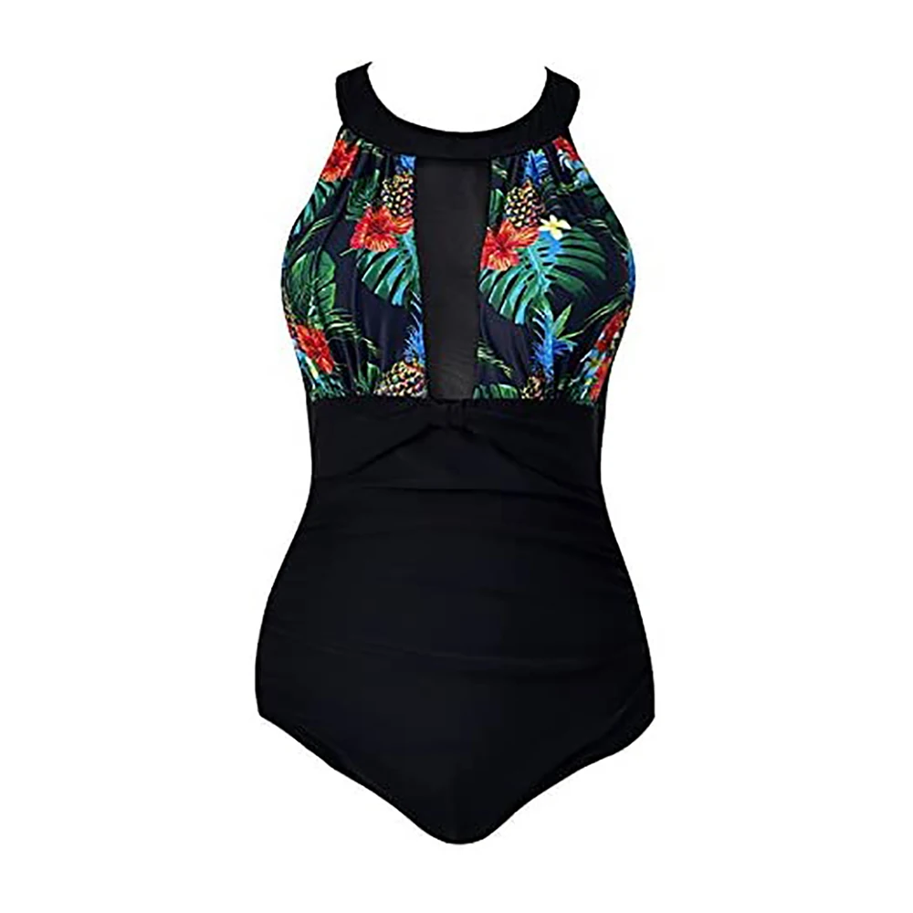 Женский слитный купальник с высоким воротом сетчатый рюшами и контролем живота