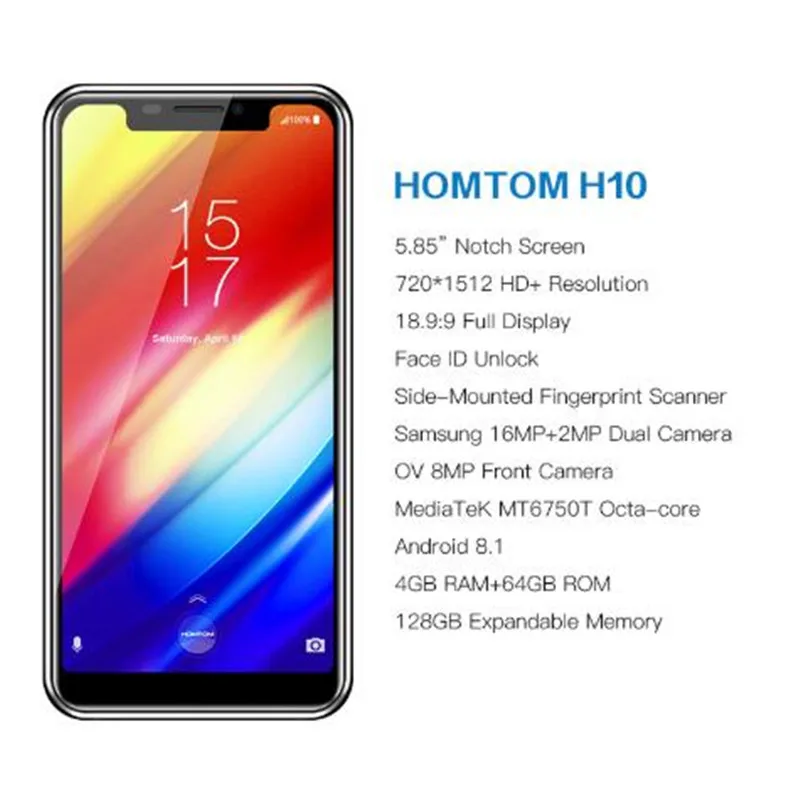 Мобильный телефон HOMTOM H10 4+64ГБ 3500 мАч 16 Мп + 2 Android 8 1 восьмиядерный|Смартфоны| |