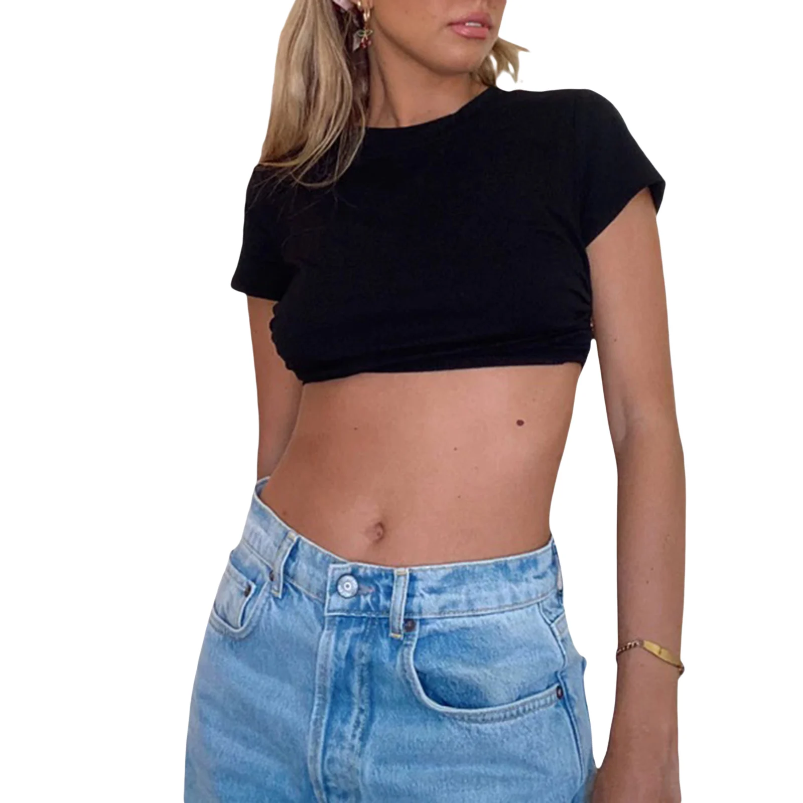 

Women\u2019s Sexy Crop Tee Tops, Crew Neck Short Sleeve Backless Short Wrap T-shirts Clothes