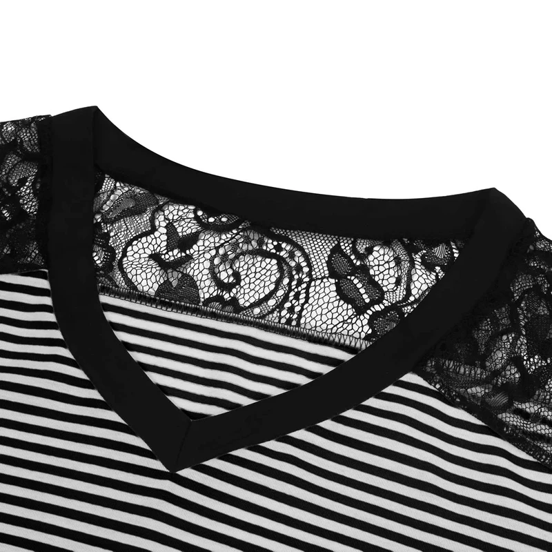 Женская летняя модная Кружевная футболка в полоску с v-образным вырезом | одежда