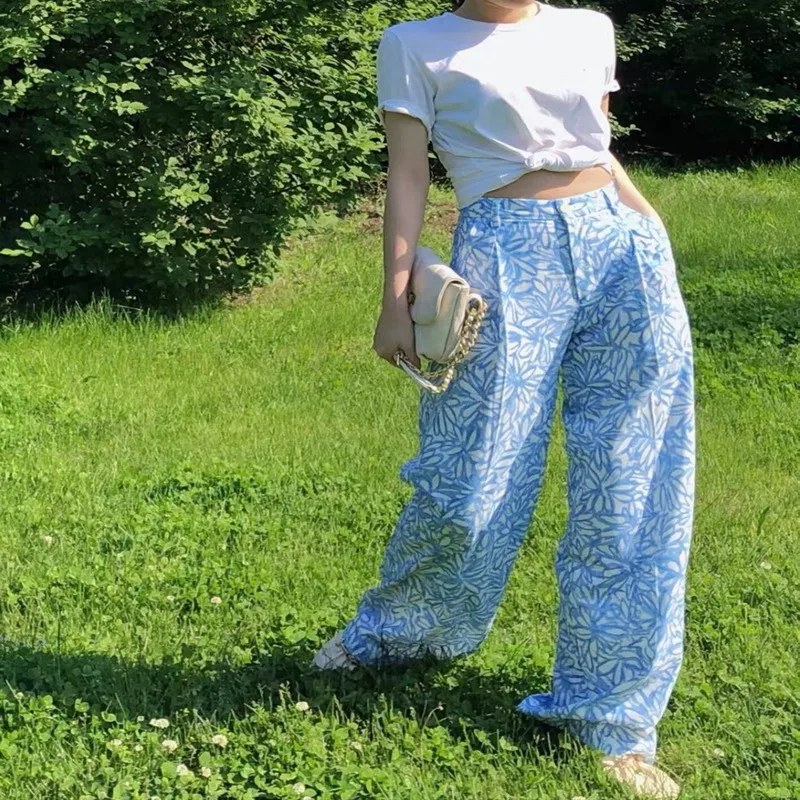

2020 Spring and Summer New Women's High Waist Loose Slimming White and Blue Elegant Floral Printed Wide Leg Pants Fashion Casual