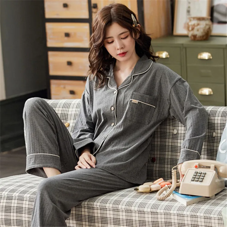 

Spring Autumn Loose Sleepwear M-3XL Women Cotton 2PCS Pajamas Suit Full Sleeve Cardigan&Pant Nightwear Casual Home Wear 9 Color