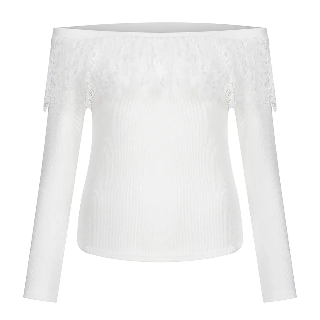 Сексуальный однотонный пуловер с открытыми плечами и длинным рукавом кружевной