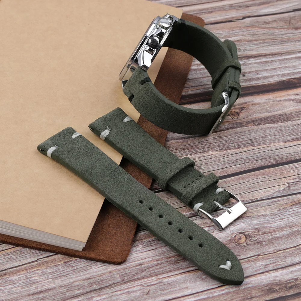 Onthelevel Handmade Dark Green Suede Leather Watch Strap Bands 18mm 20mm 22mm Stainless Steel Buckle With White Black Stitching