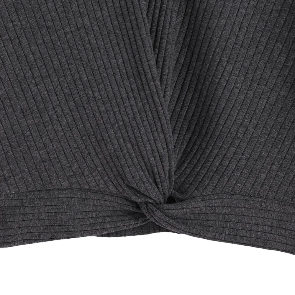ZAFUL Women Dark Grey Twist Front Ribbed Knit Crop Casual Top Autumn Long Sleeve Form Fitted Basic Teenagers Sweater Tee | Женская