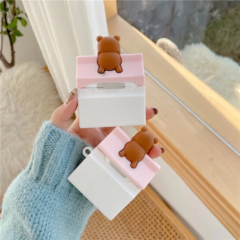 

For AirPods pro Case Bluetooth Earphone Case for Apple Airpods 2 Cute 3D Cherry bear milk carton Protective Cover coque keyring