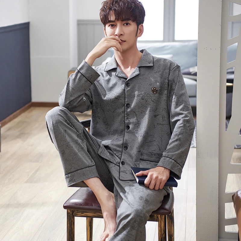 2019 зимние пижамные комплекты для мужчин хлопковый пижамный комплект с длинным