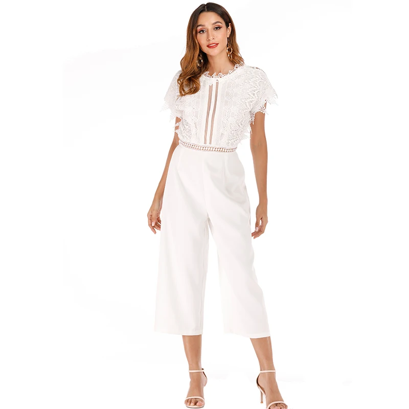 

Women's Jumpsuit Rompers Sleeveless Backless Black White Overalls 2021 Summer Wide Leg Ruffles Playsuits Sexy Lace Hollow Out