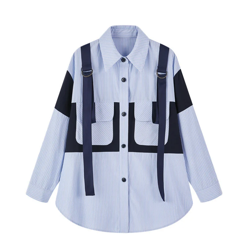 

2021 spring and summer New England tooling wind Blue Stripe Shirt loose neutral wind strap shirt lining Jacket