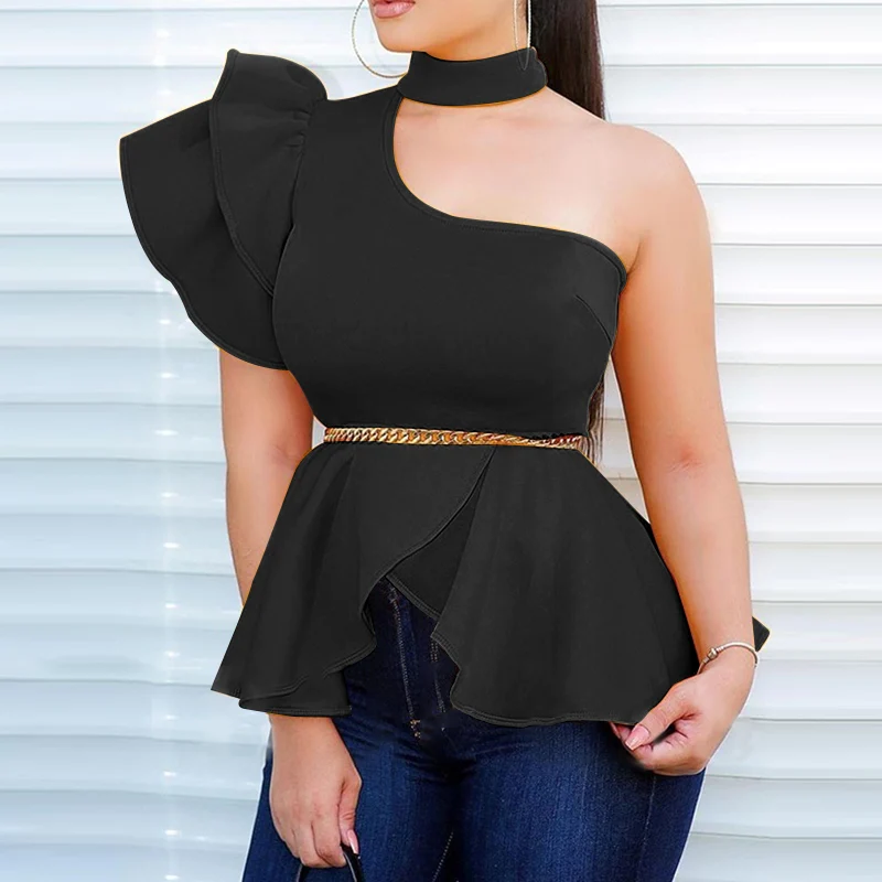 

VONDA Women Blouse 2021 Casual One Shoulder Solid Color Tops Bohemian Blusas Femininas Sexy Sleeveless Ruffled Cuff OL Shirts
