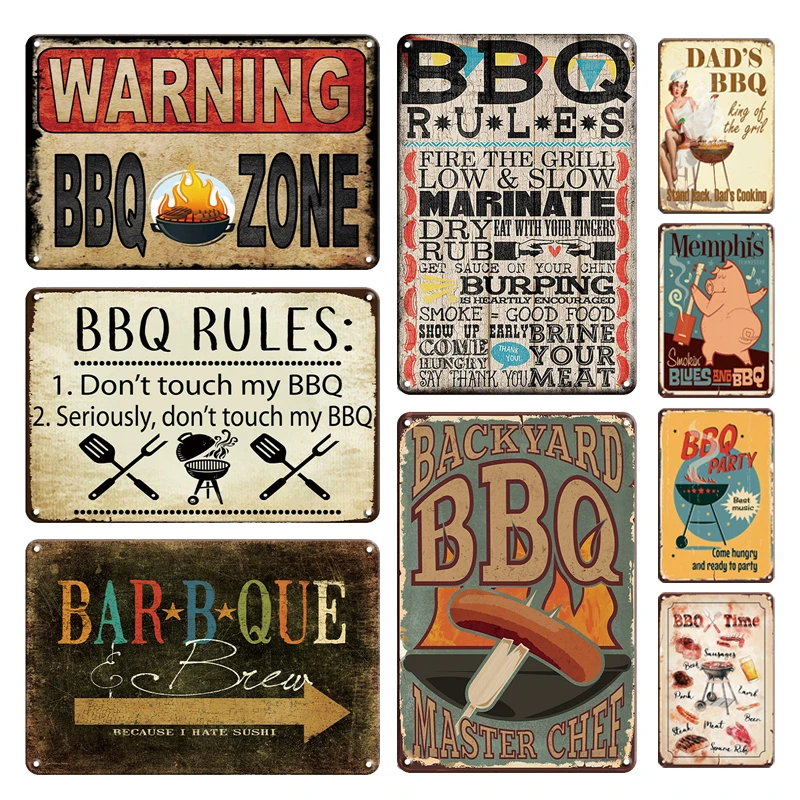 Pop BBQ Zone Metal Plate Tin Sign Retro Backyard Bar Garden Decor Plaques Vintage Barbecue Rules Metal Poster Home Accessories