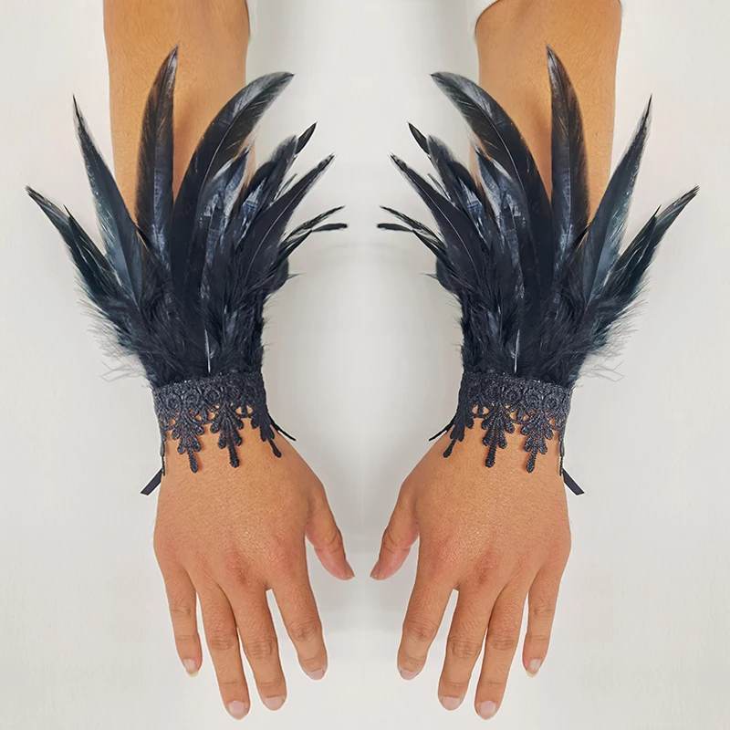 

2pcs Lace Feather Wrist Cuffs Black Real Natural Dyed Rooster Feather Arm Warmers Party Cosplay Costume Accessory Feather Gloves