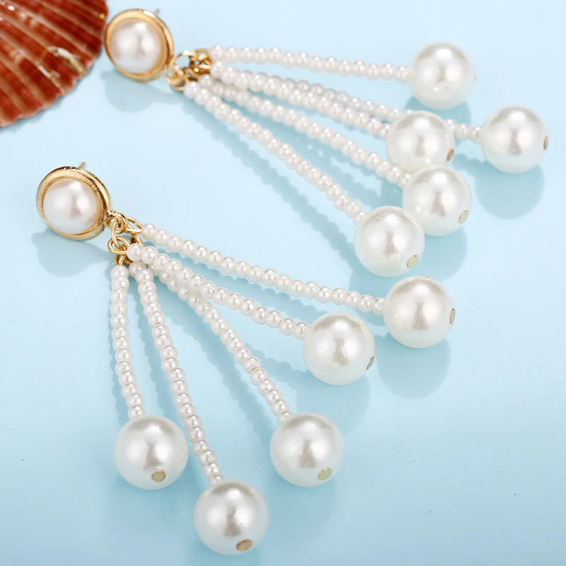 Trendy Elegant Simulated Pearls Long Dangle Earrings For Women Jewelry Pearls String Statement Drop Earrings Wedding Party Gift