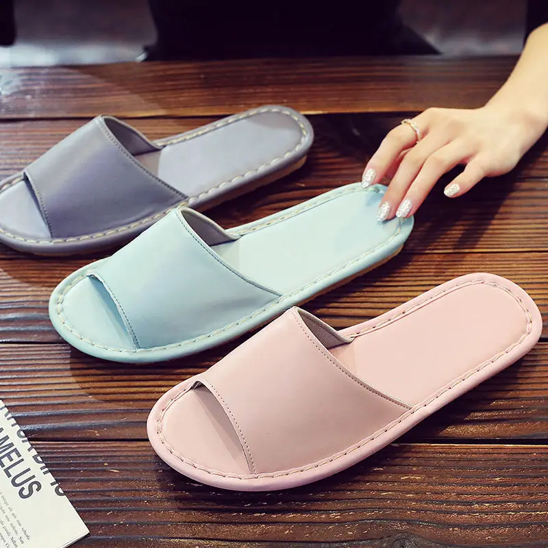 

Handmade Girls Pink Genuine Leather Shoes Precision Stitching Concise Ladies Slippers Indoor Soft Womens Sliders 2021