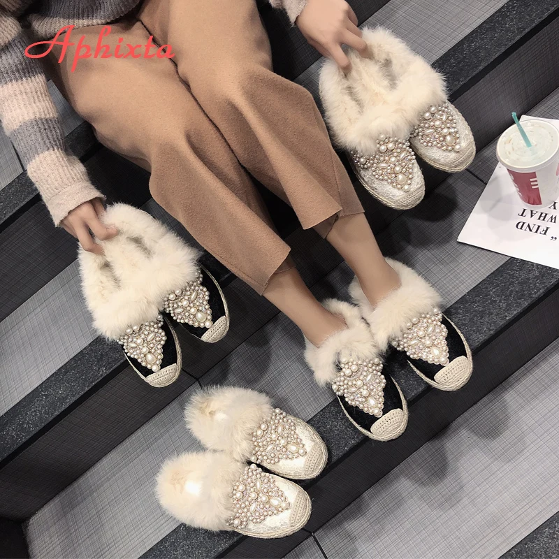 Aphixta Зимние Теплые Тапки из натурального меха женская обувь кружевные жемчужные