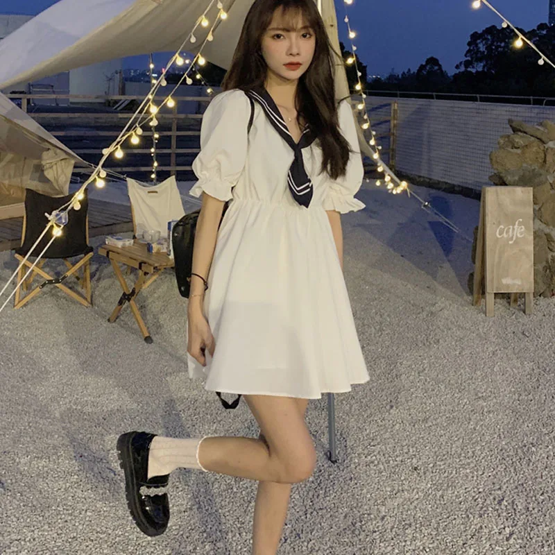 

Japanese Kawaii White Jk Uniform Women Dress 2021 Summer College Style Sailor Collar A-Line Sweet Girly One-Piece Casual Dresses