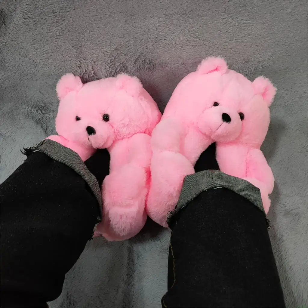 Women Teddy Bear Plush Slippers Cartoon Cute Bear House Slipper Winter Warm Furry Faux Fur Slides Winter Warm House Shoes