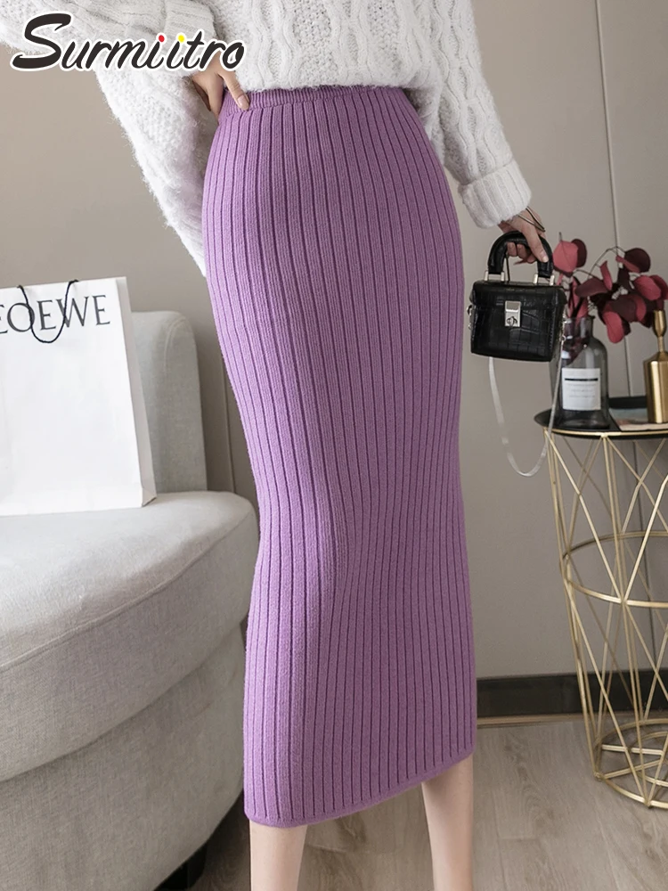 

SURMIITRO 2021 модная осенне-зимняя плотная теплая трикотажная миди длинная Плиссированная юбка женская юбка-карандаш в Корейском стиле с высоко...