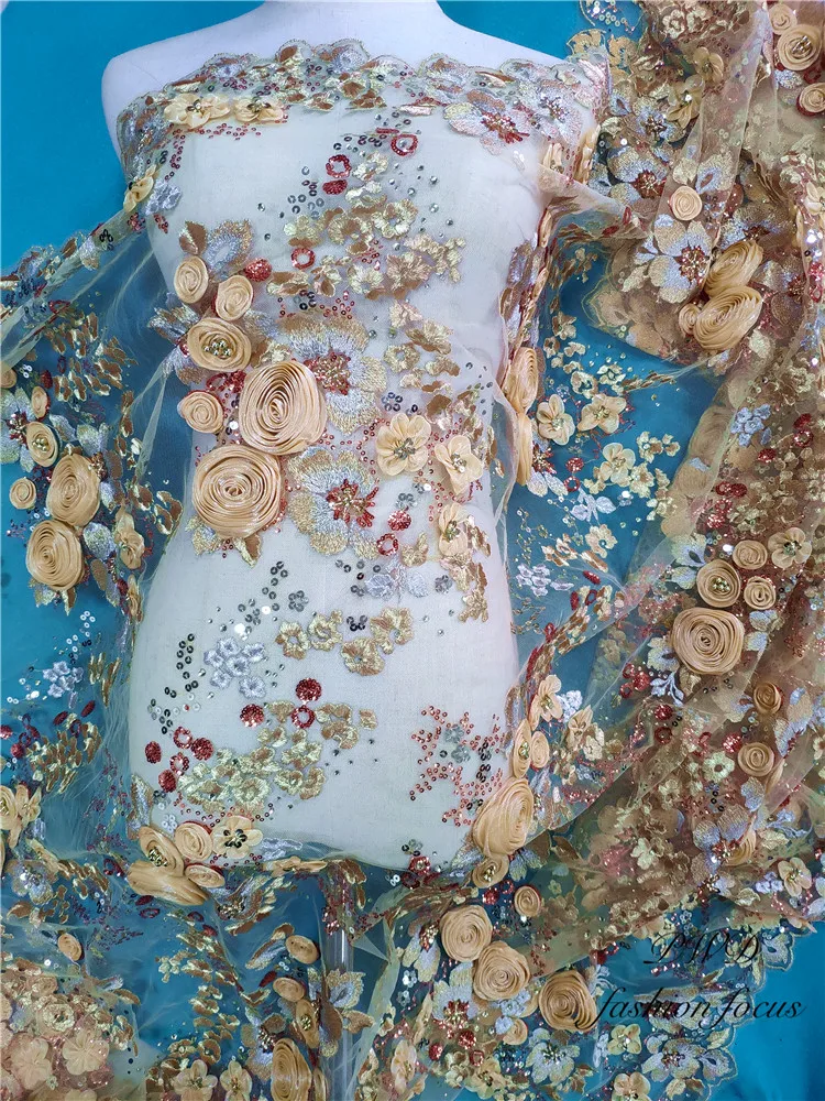 

Роскошные кружевные ткани, желтая кружевная ткань, 3D Цветочная кружевная ткань, африканские бусины, вышивка Тюлевая сетчатая кружевная тка...