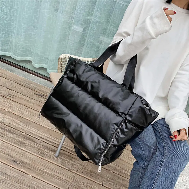 

Waterproof Nylon Bags Space Padded Cotton Feather Down Big Tote Winter Large Capacity Shoulder Bag for Women Female Handbag 2021