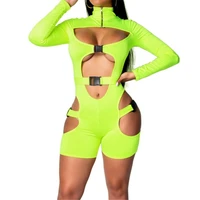 women 2021 new shorts fluorescent green buckle long sleeved rompers classic bar club bodycon jumpsuits autumn fitness outfits