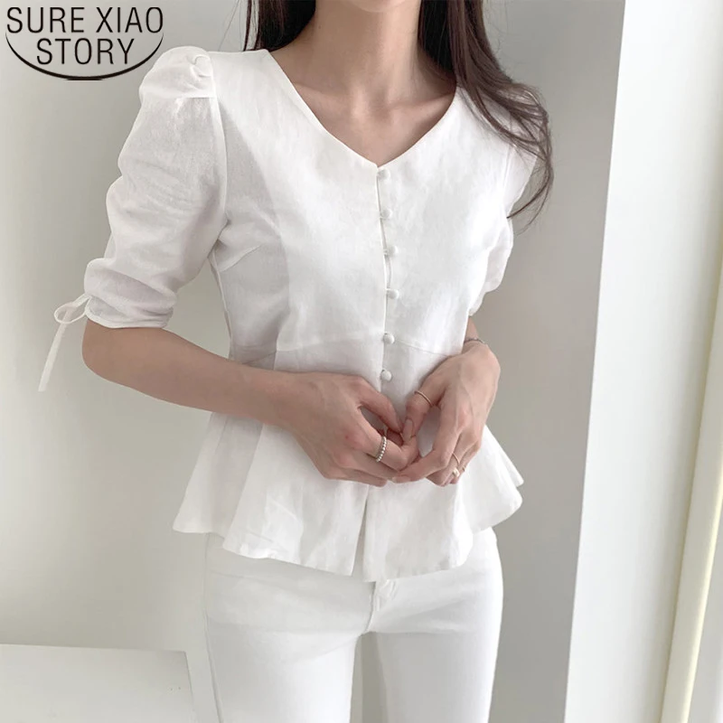 Casual Tops Simple Temperament V Collar Korean Chic Shirt Women Round Button Up Shirts O-neck Summer Half Sleeve Blouse 14308