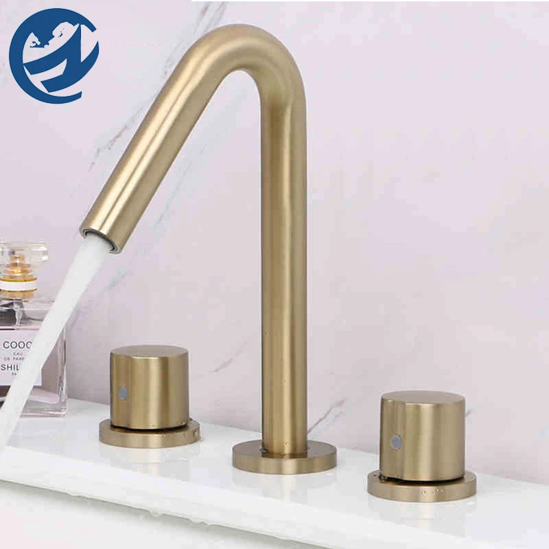 

Смеситель с двойной ручкой, кран для раковины в ванную комнату, золотистый матовый, быстрая доставка