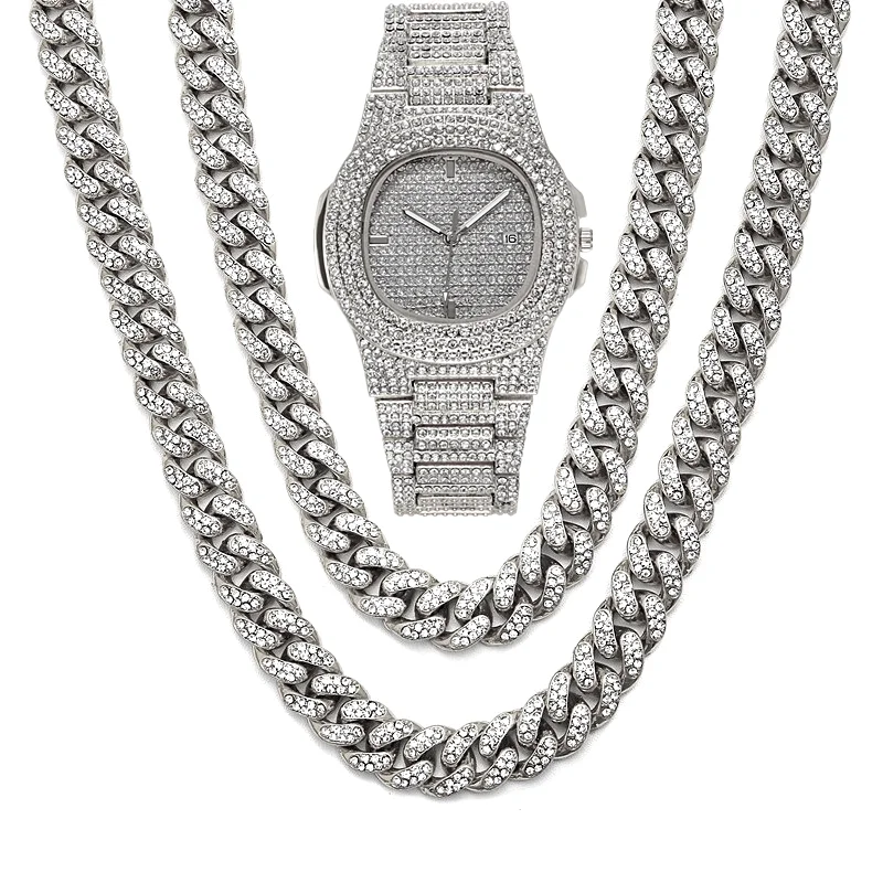 

Rapper Chain HipHop Miami Curb Cuban Chain 12mm Gold Iced Out Paved Rhinestones CZ Bling Rapper for Men Luxury Watch Necklace