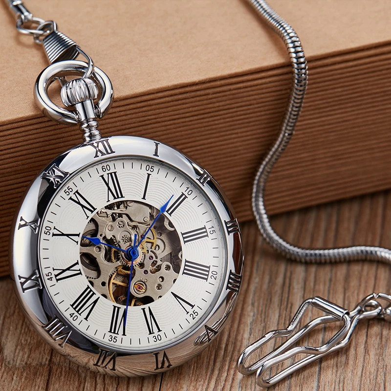 Luxury Sliver Mechanical Pocket Watch Skeleton Roman Numerals Dial Quality Engraved Case Fob Chain Clock for Men Dropshipping