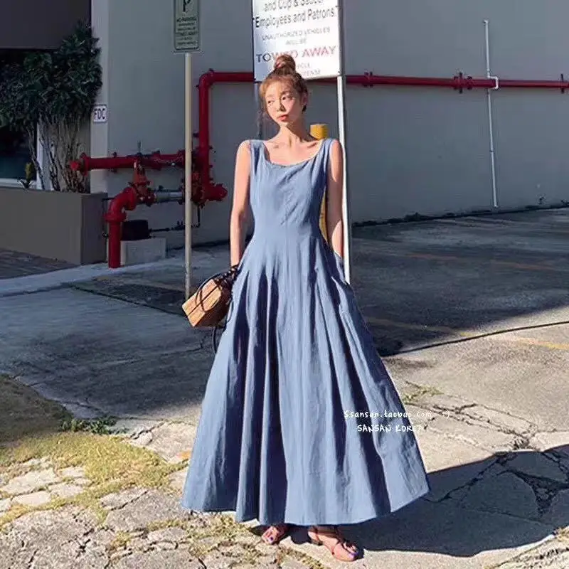 

COIGARSAM Women Long dress Square Collar High Waist Dresses Light Dark Blue 6976