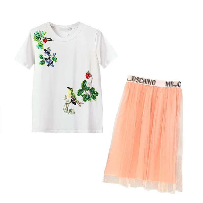 

Runway Designer Two Piece Set 2021 Women Summer Elegant Floral Sequined Top+mini Skirt Set Female