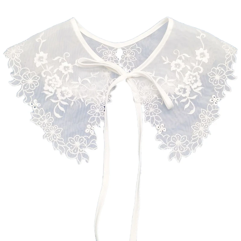 

Women Symmetrical Floral Embroidery False Collar Shawl Self-Tie Detachable Dickey Blouse Lolita White Lace Poncho Cape