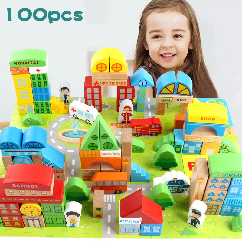 

100 штук детские игрушки городские дорожные сцены геометрические формы строительные блоки Ранние развивающие деревянные игрушки детские по...