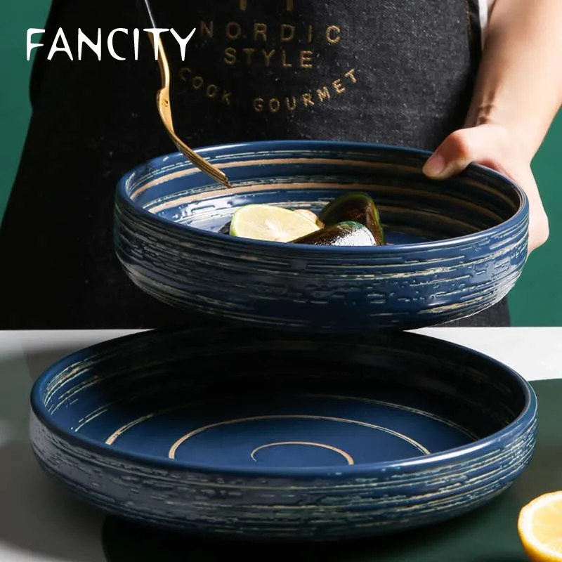 

FANCITY Japanese creative ceramic tableware household ceramic shallow round bowl ramen bowl soup bowl fruit bowl dessert bowl no