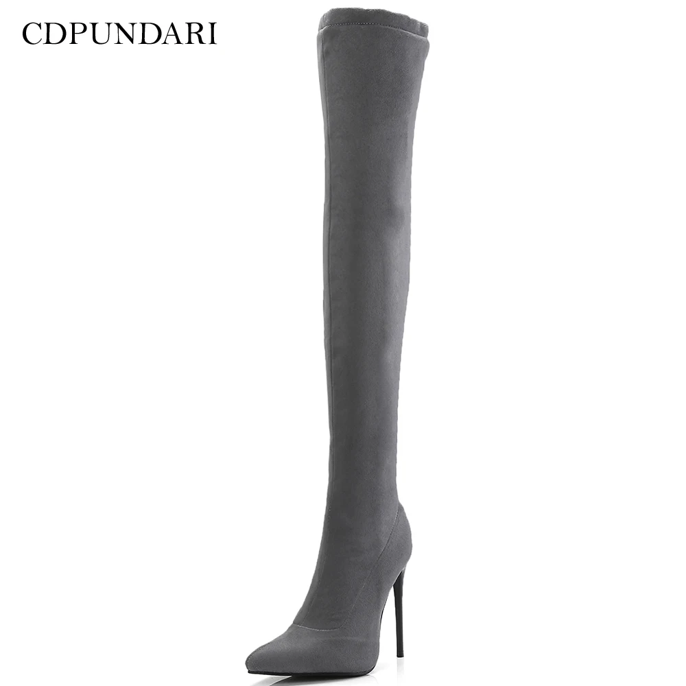 Черные Сапоги выше колена на высоком каблуке женские сапоги до бедра высокие