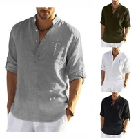new solid color cotton and linen loose long sleeved shirt fashion stand up collar mens casual shirt