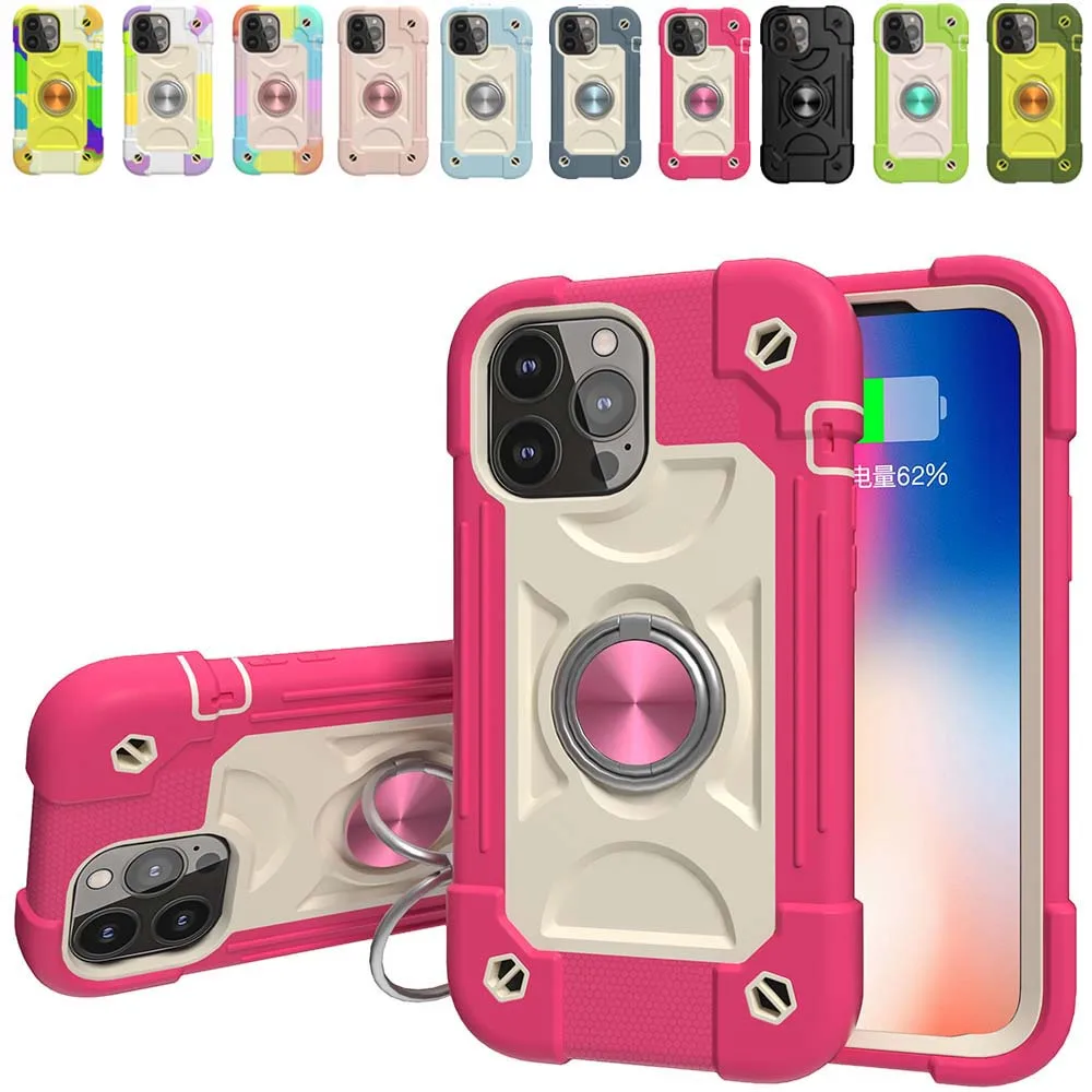3 in 1 Multifunction Case For iPhone 14 13 12 Mini 11 Pro Max XS XR 7 8 Plus SE Ring Car Stand Silicone PC Shockproof Cover Skin