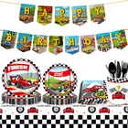 Гоночный автомобиль тема вечерние пластины салфетки скатерть баннеры для детей День рождения вечерние поставки С изображением машины одноразовые декоративная столовая посуда