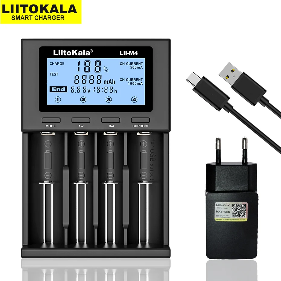 

LiitoKala Lii-M4 18650 Charger LCD Display Universal Smart Charger Test capacity for 26650 18650 21700 AA AAA etc 4slot TEST