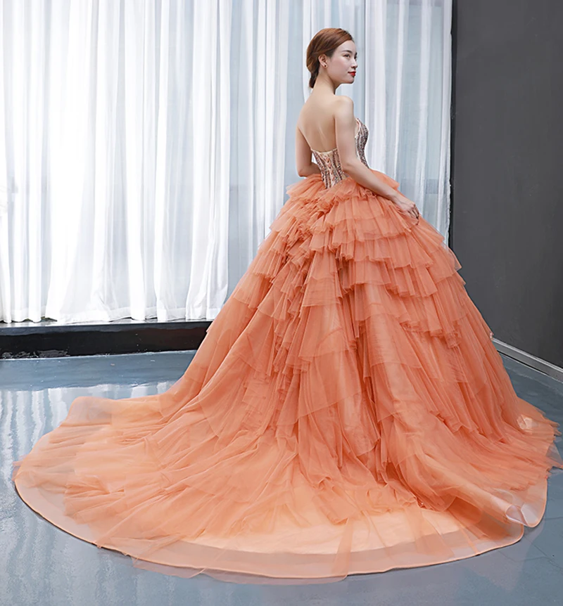 J66934 Jancember Orange Formal Dresses Evening Cake 2021 Strapless Sleeveless Lace Up Back Ball Gown