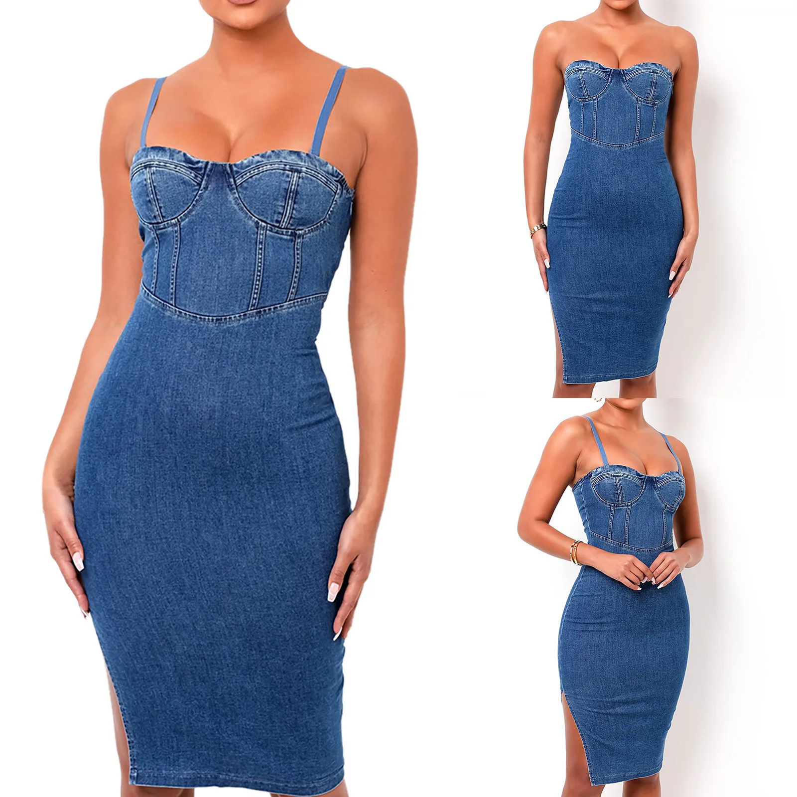 

Women's Denim Dress Fashion Solid Color Tight-fitting Zipper Side Slit Hip Retro Denim Skirt Strap Dress Vestido De Mujer