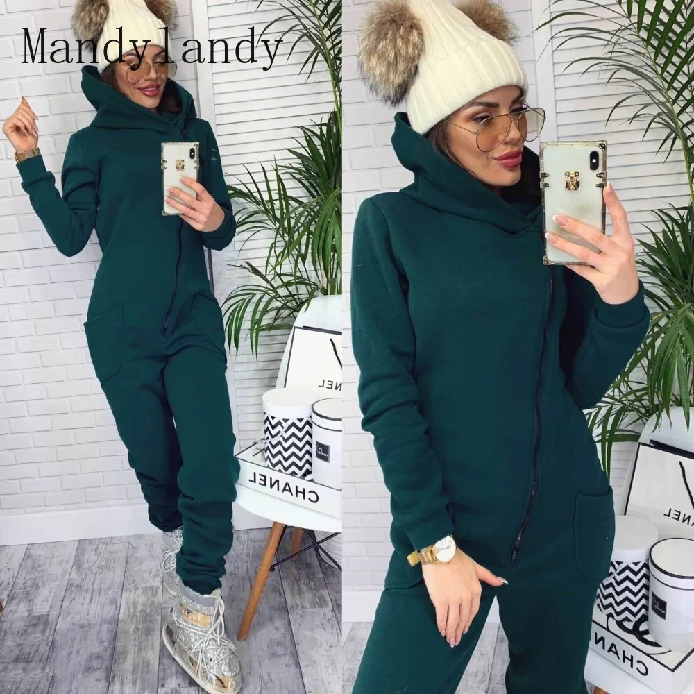 

Mandylandy Spring Autumn Fashion Slim Fit Sports Jumpsuit Women's Long Sleeve Solid Color Zipper Hooded Pocket Pencil Jumpsuit