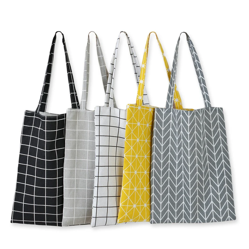 

3 Colors Women Casual Plaid Linen Cotton Canvas Shopping Shoulder Bags Eco-friendly Folding Reusable Portable Grocery Tote Bags