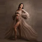 Новые дизайнерские тюлевые платья для беременных пышная ярусная с рукавами длиной до пола со шлейфом Хаки платья для беременных