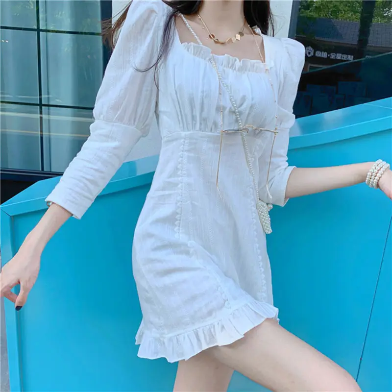 

White Chiffon Elegant Dress Women Casual Sweet Party Mini Dress Female Long Sleeve Korean Style Fall Dresses for Women 2021
