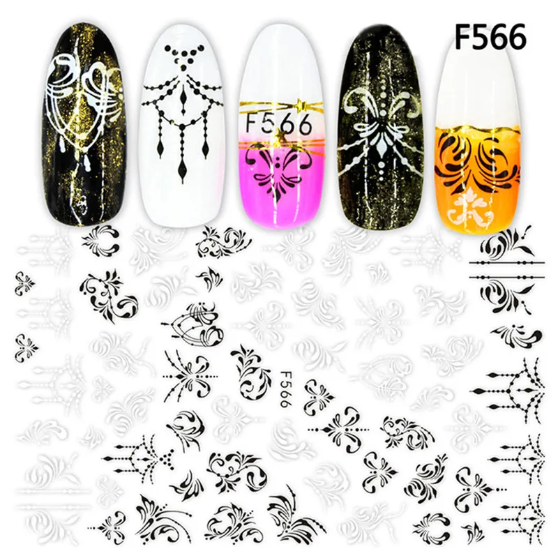 F566 1 шт. черно-белые стикеры 3D на ногти Nail Art ползунки цветы Мандала лист геометрические наклейки для ногтей Фольга Дизайн Маникюр украшения - Цвет: F566