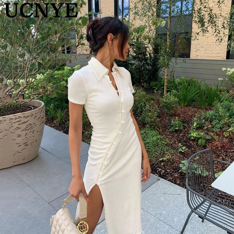 

Ucnye cotton ruched sexy party dress women short sleeve chinese style elastic fashion dress vintage side split slim maxi dresses