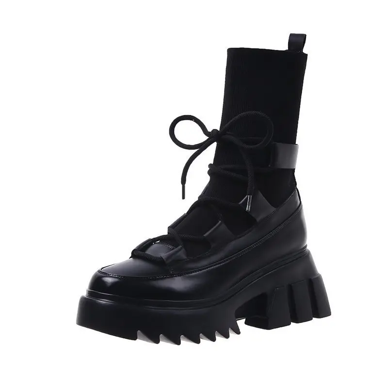 Женские сапоги до середины икры теплые с круглым носком на шнуровке украшение